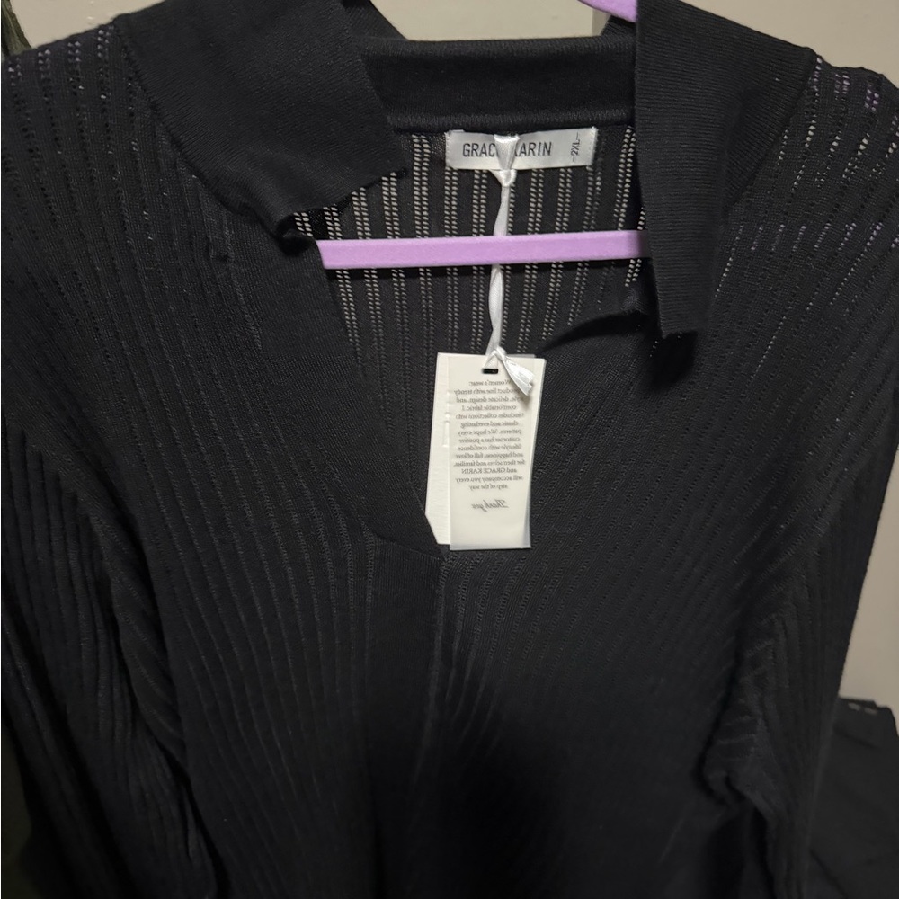 Grace Karin Black Ribbed Collared Knit Top